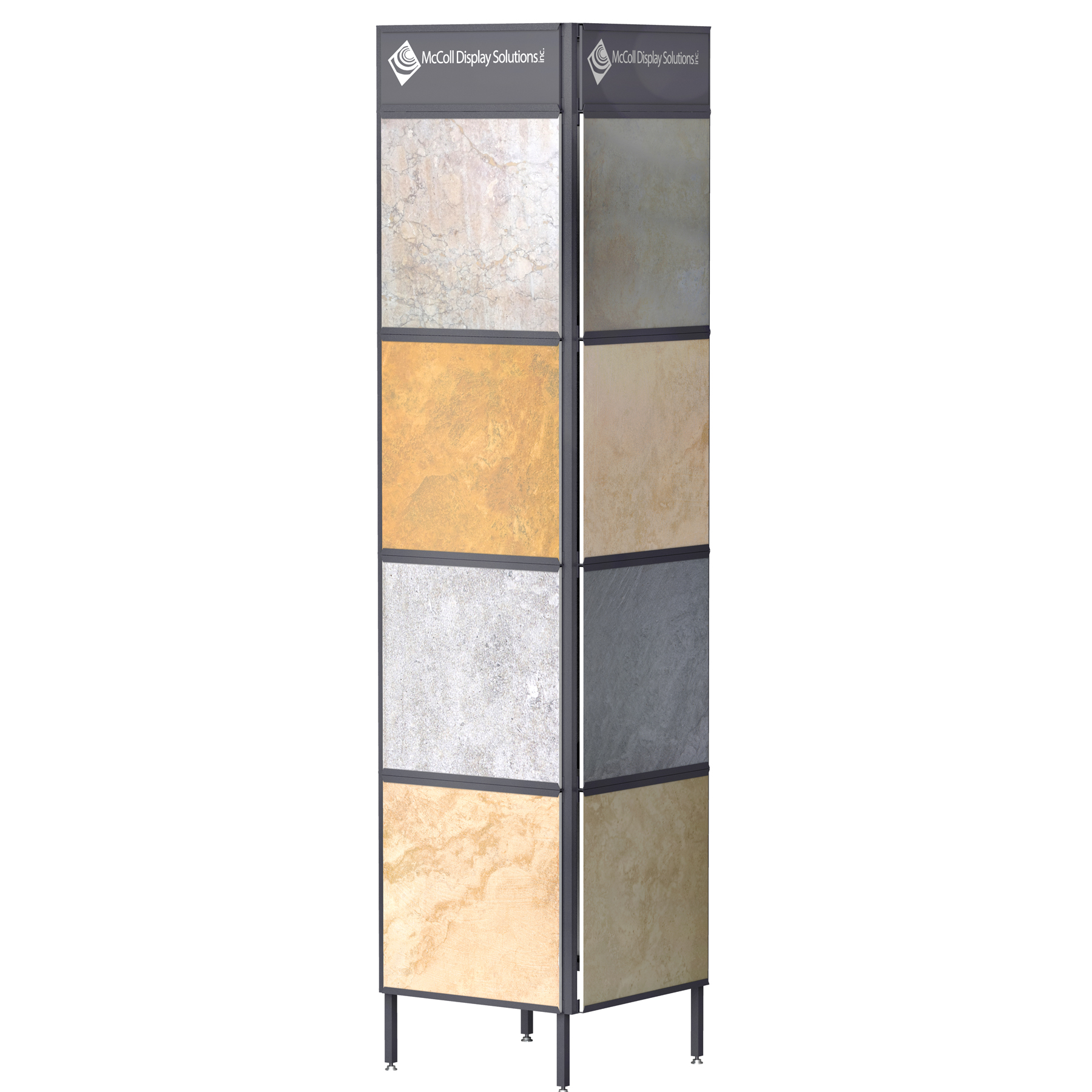 CD07 Steel Tower Square Design Ceramic Tile Stone Quartz Composite Travertine Marble System Showroom Displays McColl Display