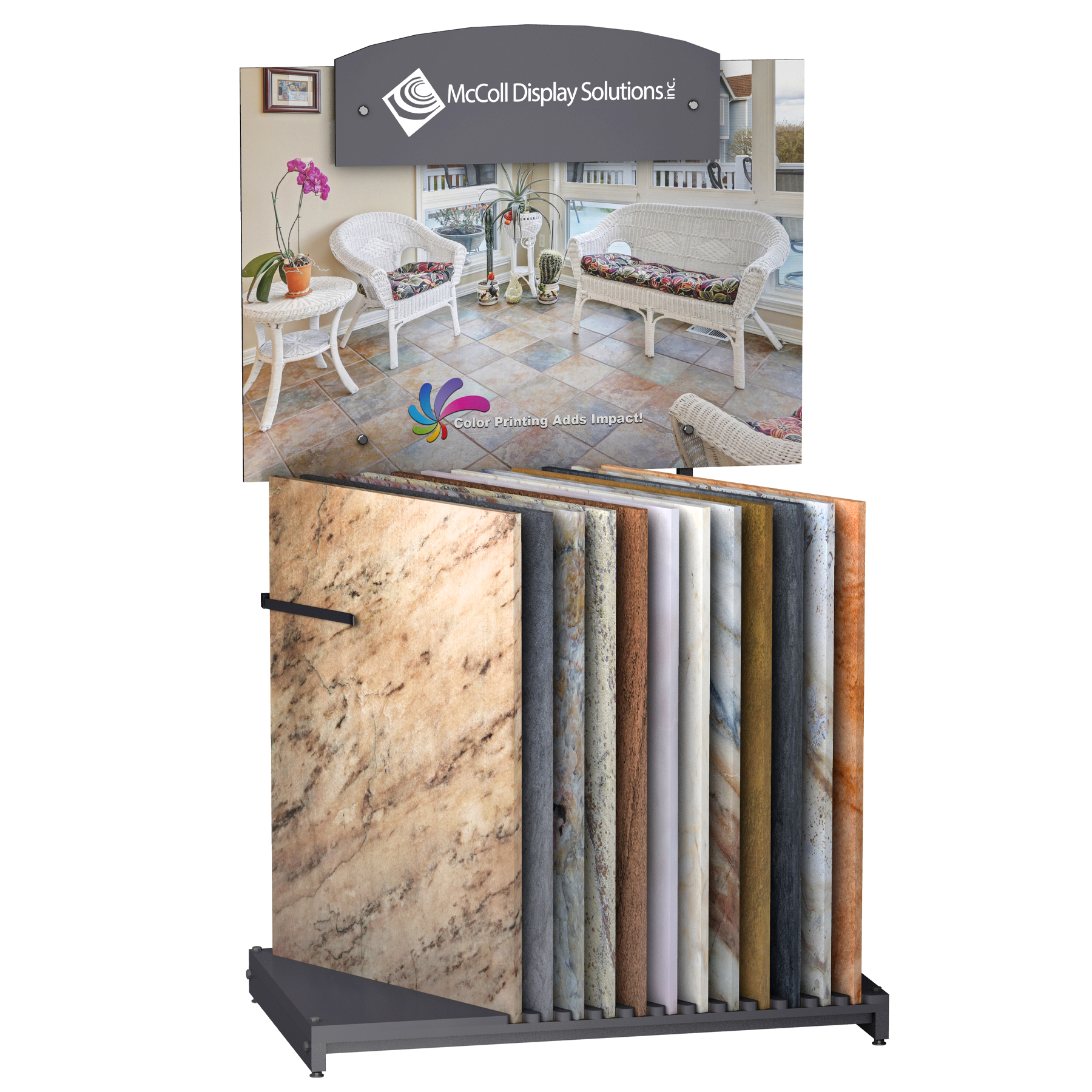 CD101 Slotted Floor Stand with Signage Displays Ceramic Tiles Marble Stone Quartz Travertine Flooring Samples Easy Viewing and Puts Your Products in Easy Reach