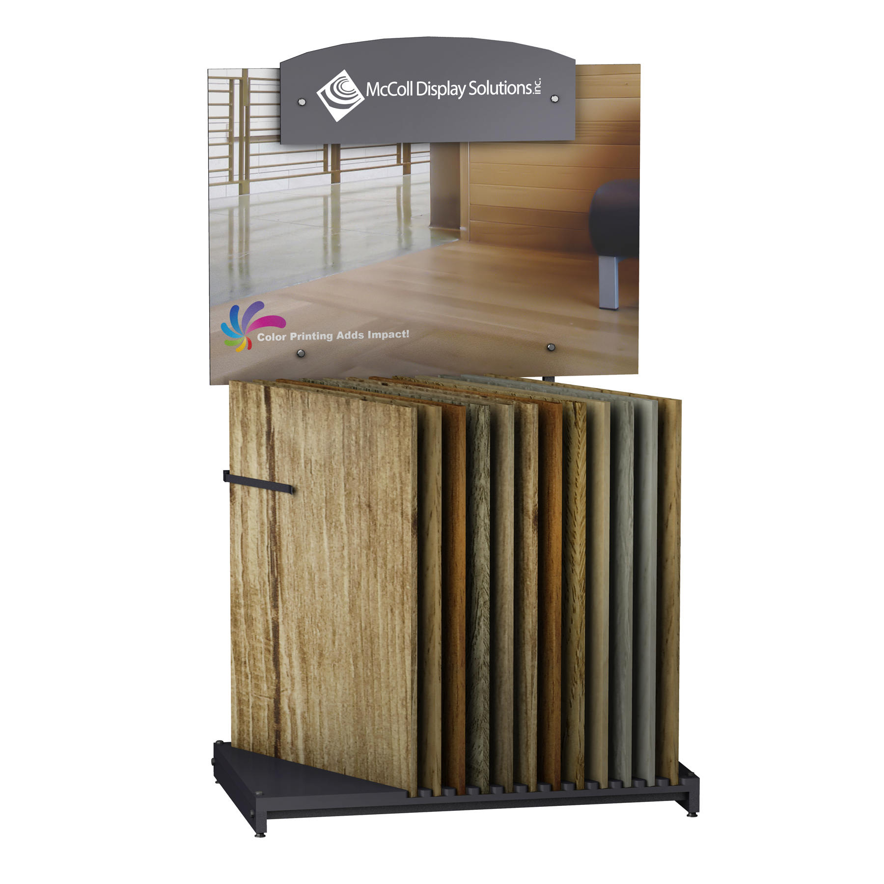 CD101 Display Holds Wood and Laminate Planks with Optional Color Sign