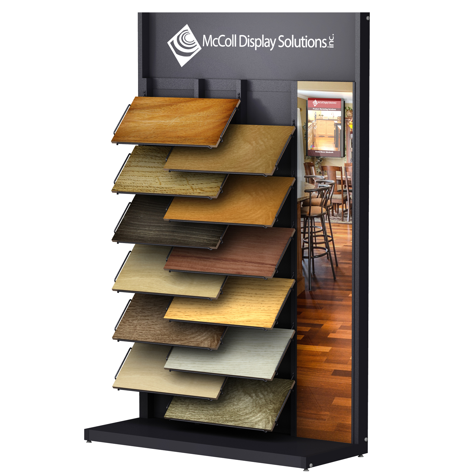 CD18 Tower Hardwood Laminate Plank Sample Wire Shelf System Showroom Display with Printed Room Scene and Literature Holder