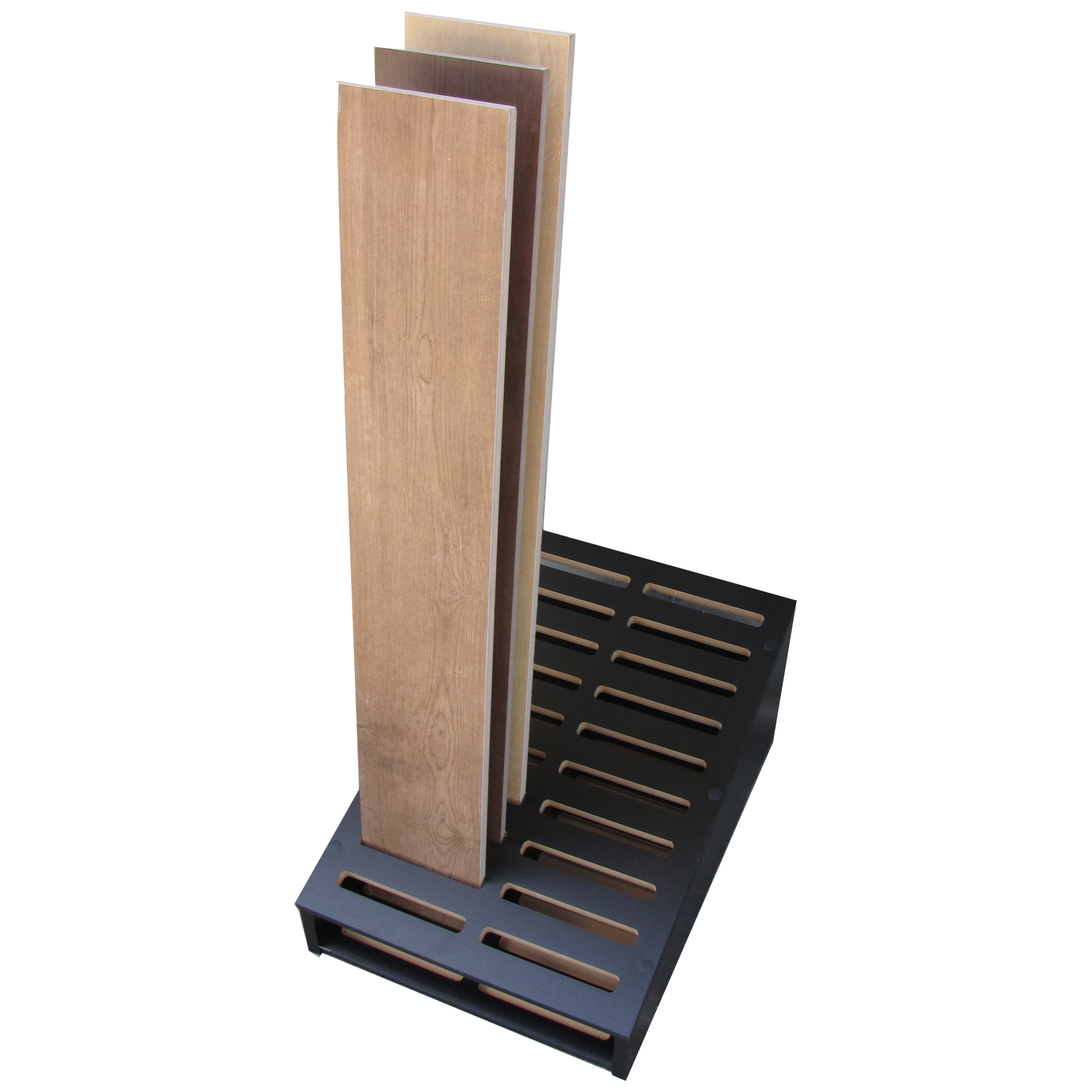 The CD26 Waterfall Sample Holder for Hardwood Planks Can Be Custom Built Many Ways with Room for Company Logo