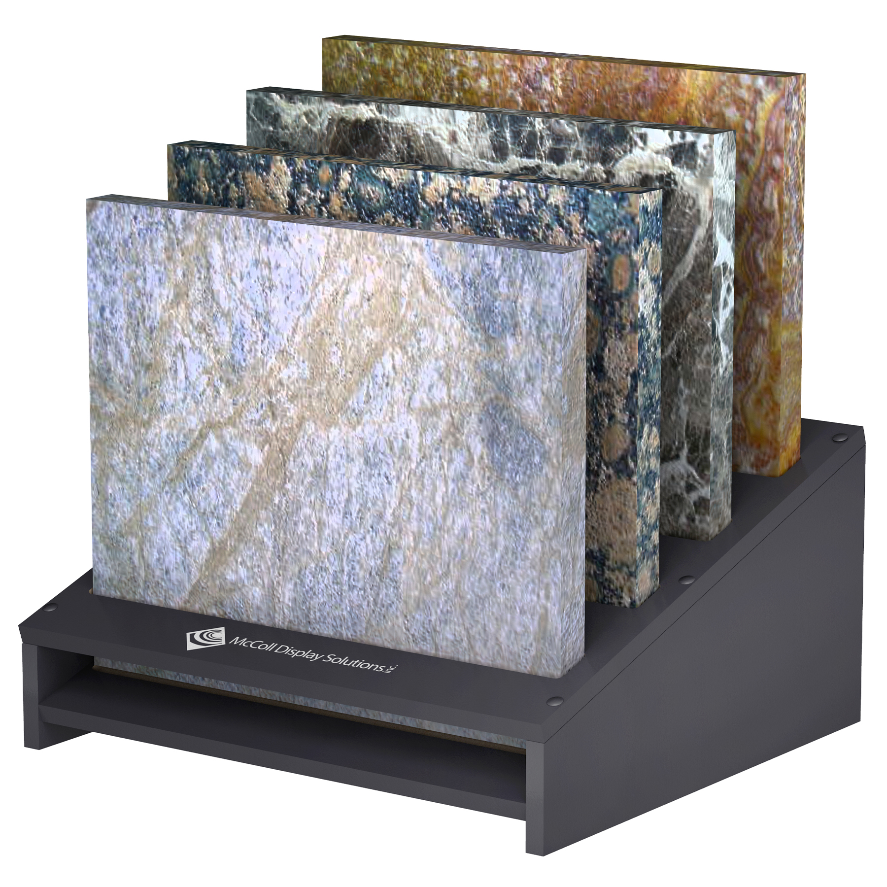 The Sturdy Wood Construction of the CD26 Slotted Waterfall Style Display Can Hold Thick Marble Granite and Quartz Countertop Samples