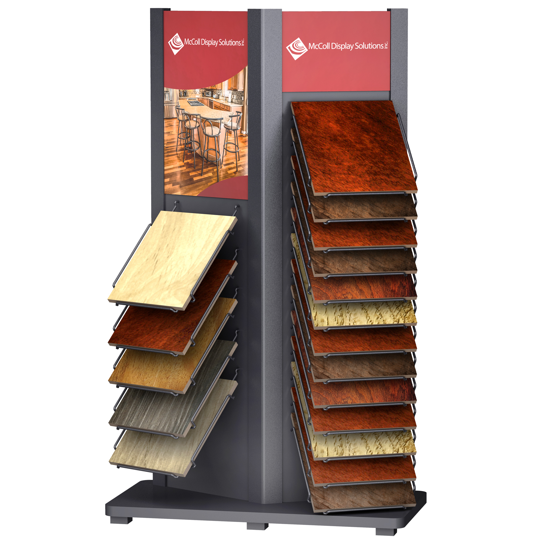CD35 Tower Sample Wood Laminate Plank Wire Shelf System with Full Color Printed Signage and Installation Room Set Images