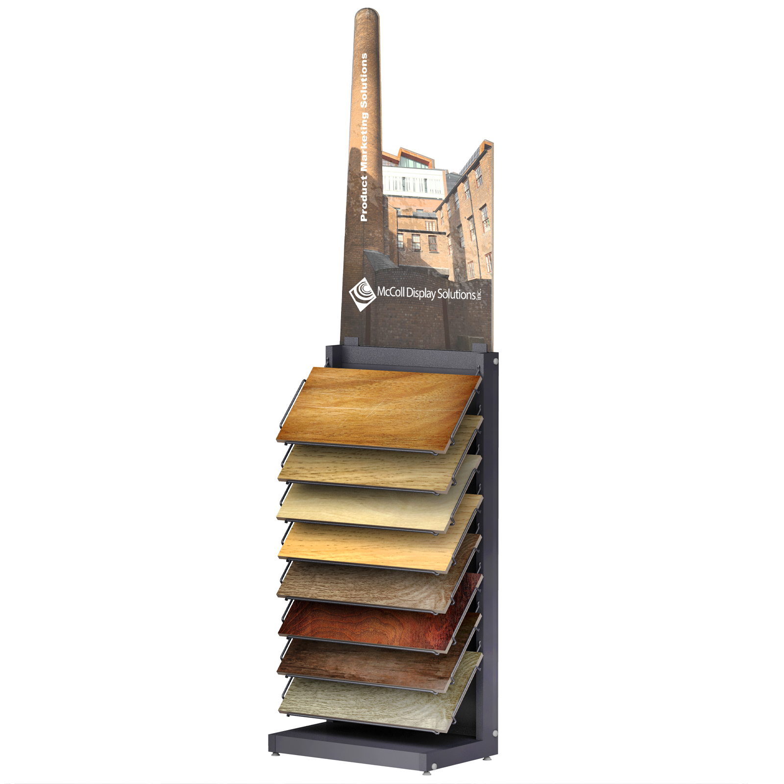 Offset Printed or Digital Press Full Color Sign on Routed MDF Backer Boards Attaches via Shop Applied Adhesive on Showroom Displays from McColl Display