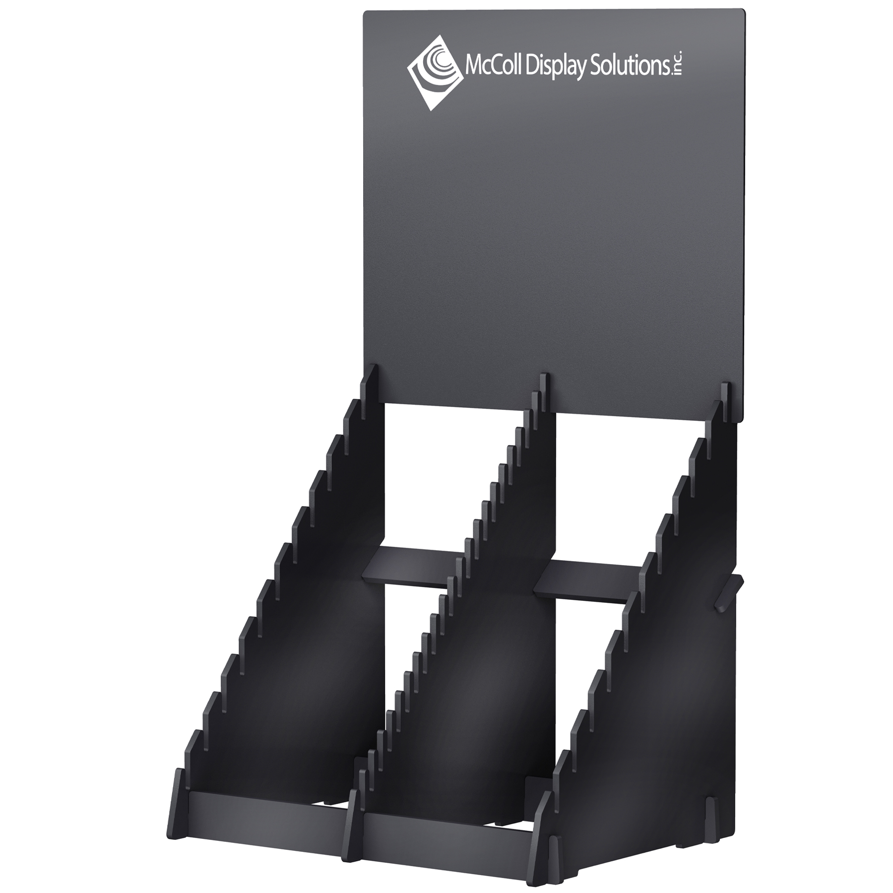 Alternate Slots Large Capacity Strong Routed Wood Slip-Fit Waterfall Display with Optional Screen Printed Logo or Full Color Signage