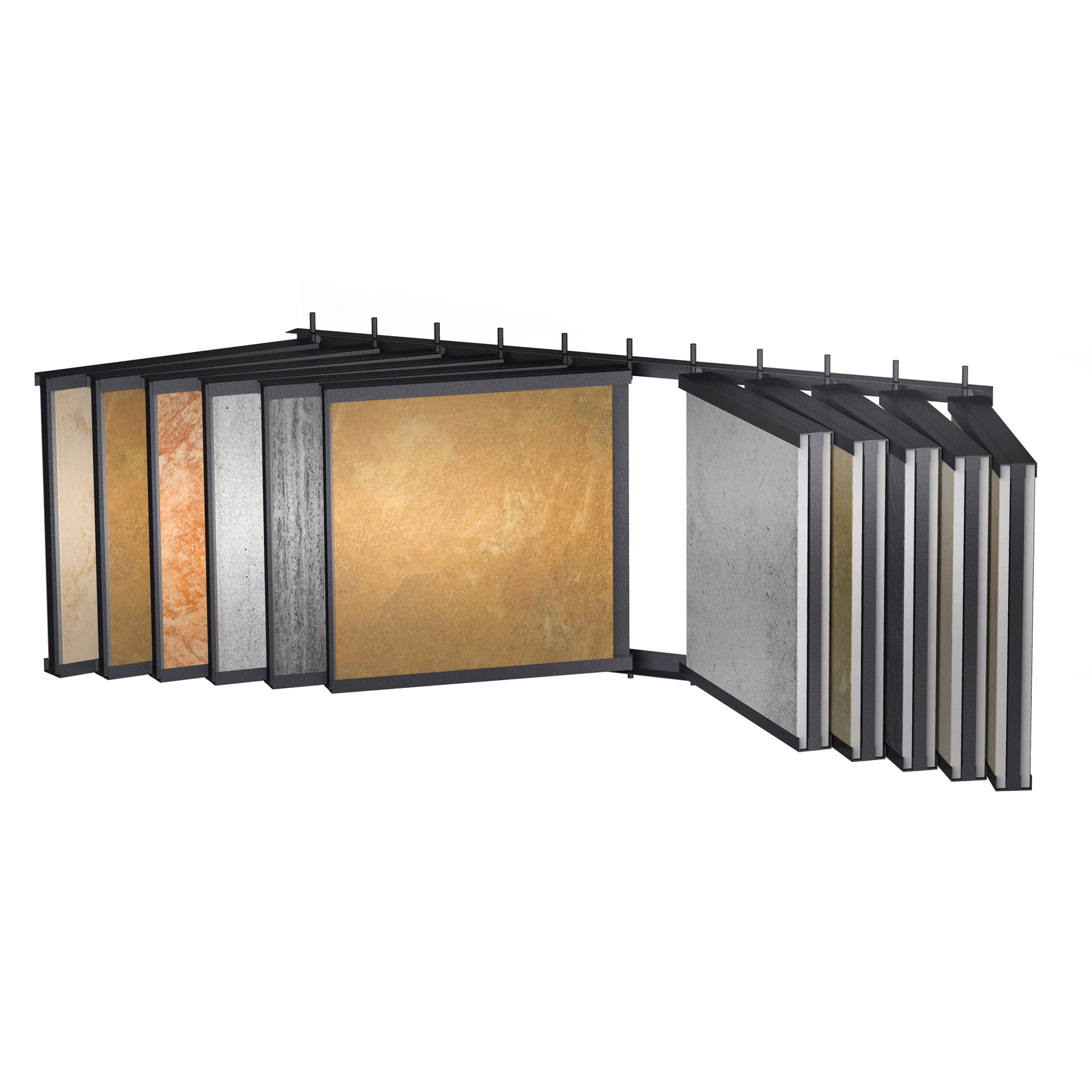 Square Steel Tube Wall Mount Track Wing Rack Style Channel System Displays Tile Hardwood Flooring on Showroom Walls